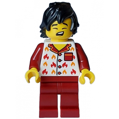 fire - male white jacket with flames dark red legs black tousled hair