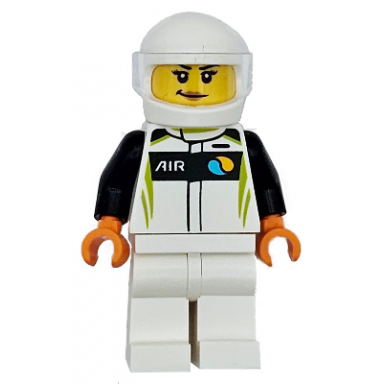 race car driver - female white black and lime racing suit white legs and helmet