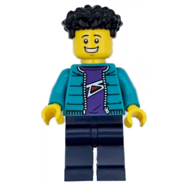 race photographer - male dark turquoise jacket dark blue legs black coiled hair