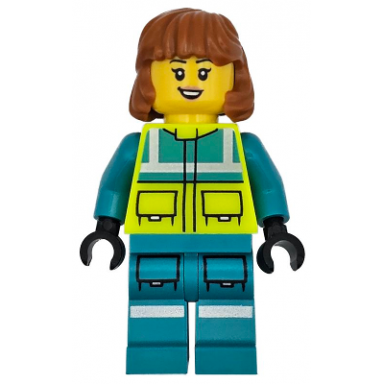 ambulance driver - female dark turquoise and neon yellow safety vest legs with silver reflective stripes dark orange mid length hair
