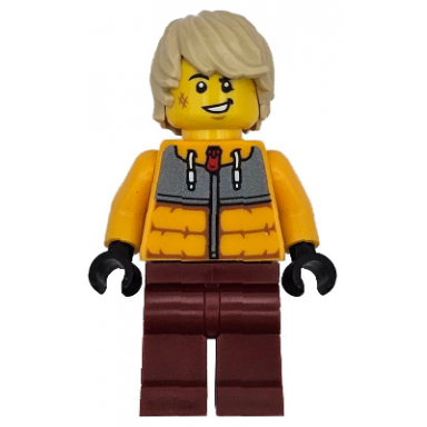 snowboarder - male bright light orange jacket dark red legs tan tousled hair scuff mark