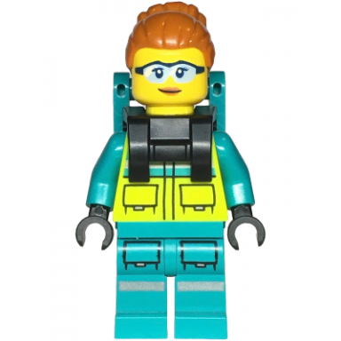 paramedic - female dark turquoise and neon yellow safety vest legs with silver reflective stripes dark orange high bun backpack