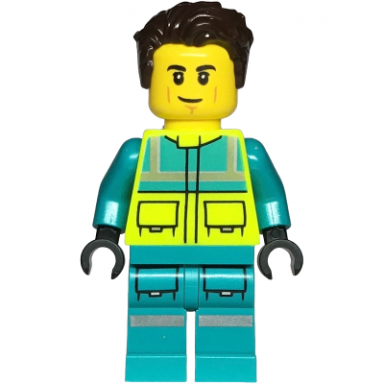 paramedic - male dark turquoise and neon yellow safety vest legs with silver reflective stripes dark brown hair