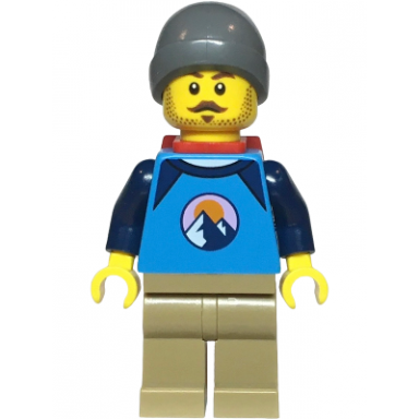 hiker - male dark azure and dark blue shirt with mountains dark tan legs dark bluish gray beanie red backpack thin