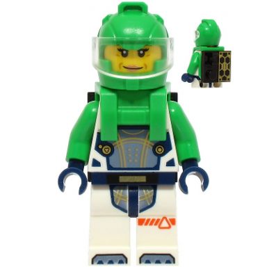 astronaut - female white spacesuit with bright green arms bright green helmet trans-clear visor bright green harness with solar panel and black clip