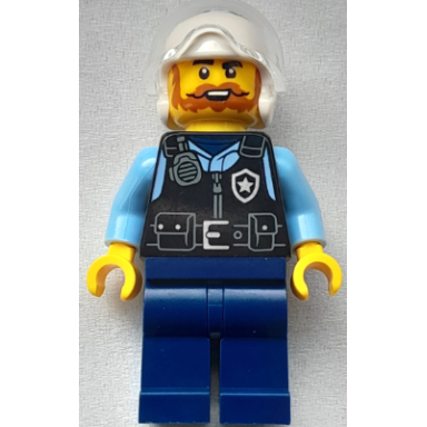 police - city officer male black safety vest with silver star badge logo dark blue legs white flight helmet trans-clear visor beard