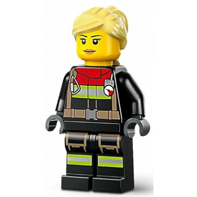 fire - female black jacket and legs with reflective stripes and red collar bright light yellow hair ponytail and swept sideways fringe