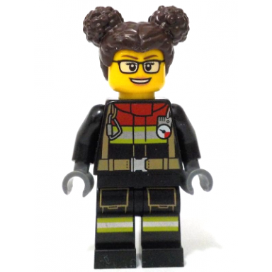 fire - female black jacket and legs with reflective stripes and red collar dark brown hair with buns