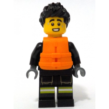 fire - male black jacket and legs with reflective stripes black spiked hair orange life jacket 