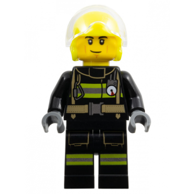 fire - male helicopter pilot black jacket and legs with reflective stripes neon yellow flight helmet