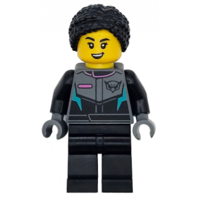 race car driver - female racing suit with hawk head logo black legs black braided hair with knot bun
