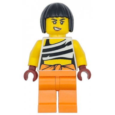 police - city bandit crook female white tank top cropped with black stripes orange legs black bob cut hair
