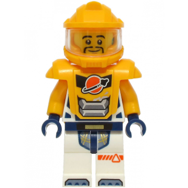 astronaut - male white spacesuit with bright light orange arms bright light orange helmet trans-clear visor bright light orange armor