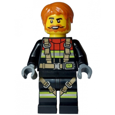 fire - male black jacket and legs with reflective stripes harness and red collar dark orange hair beard and moustache