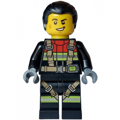 fire - male black jacket and legs with reflective stripes harness and red collar black hair ponytail