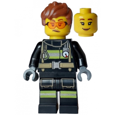 fire - female black jacket and legs with reflective stripes reddish brown messy hair safety glasses