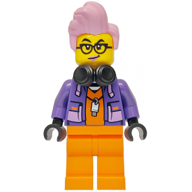 police - city jail prisoner female orange prison jumpsuit dark purple jacket black headphones bright pink hair black glasses