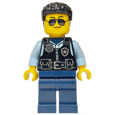 police - city officer male black safety vest with silver star badge logo dark blue legs black hair sunglasses