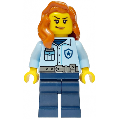 police - city officer female bright light blue shirt dark blue legs dark orange hair over shoulder