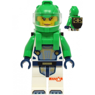astronaut - female white spacesuit with bright green arms bright green helmet trans-clear visor bright green harness with solar panel closed mouth