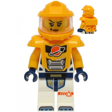astronaut - female white spacesuit with bright light orange arms bright light orange helmet trans-clear visor bright light orange armor with ingot