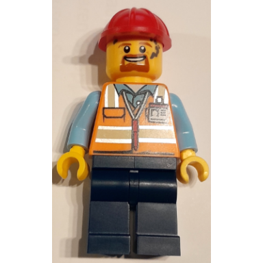 construction worker - male orange safety vest with reflective stripes dark blue legs red construction helmet