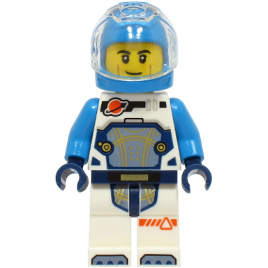 astronaut - male white spacesuit with dark azure arms dark azure helmet trans-clear visor smirk
