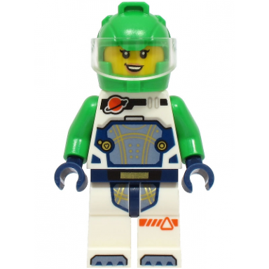 astronaut - female white spacesuit with bright green arms bright green helmet trans-clear visor
