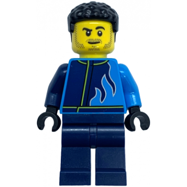 monster truck driver - male dark azure and dark blue racing jacket with flames dark blue legs black hair