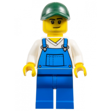 farmer - male blue overalls over v-neck shirt blue legs dark green cap stubble
