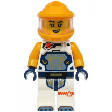 astronaut - female white spacesuit with bright light orange arms bright light orange helmet trans-clear visor