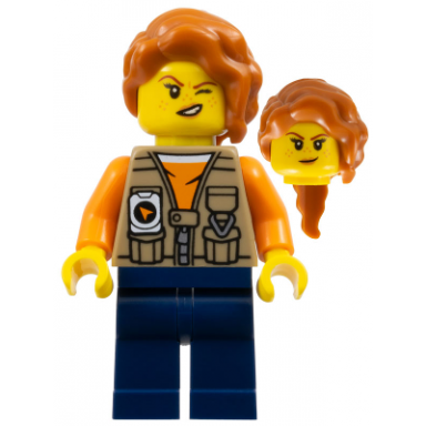 jungle photographer - female dark tan vest over orange shirt dark blue legs dark orange hair