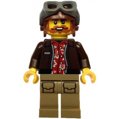 city jungle pilot - dark brown jacket over red shirt dark tan legs reddish brown aviator cap dark bluish gray goggles
