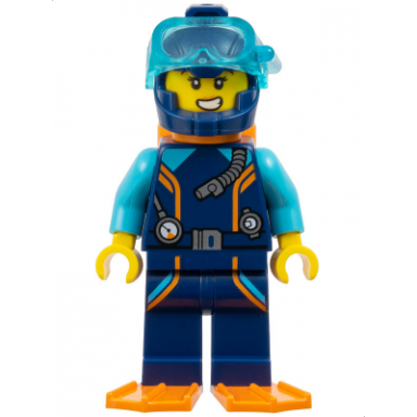 arctic explorer diver - female dark blue diving suit and helmet orange air tanks and flippers trans-light blue diver mask scared