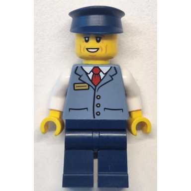 bus driver - male sand blue vest over white shirt dark blue legs and hat