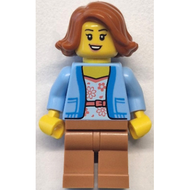 bus passenger - female bright light blue jacket over white shirt with coral flowers medium nougat legs dark orange hair