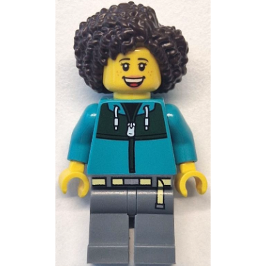 bus passenger - female dark turquoise jacket with dark green panel dark bluish gray legs dark brown hair