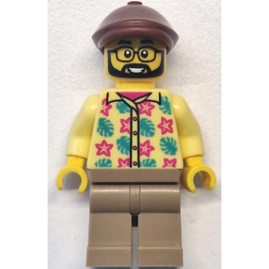 bus passenger - male bright light yellow shirt with flowers and leaves dark tan legs reddish brown flat cap