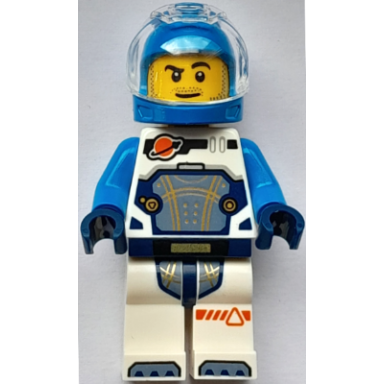 astronaut - male white spacesuit with dark azure arms dark azure helmet trans-clear visor stubble