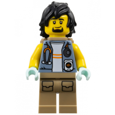city jungle explorer - sand blue jacket stethoscope dark tan legs black hair backpack