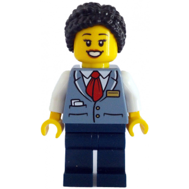 tram driver - female sand blue vest dark blue legs black hair