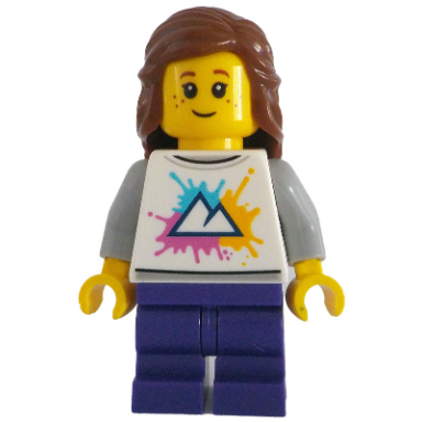 tram passenger - female white shirt with mountains logo dark purple medium legs reddish brown hair freckles