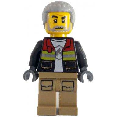 fire - male black open jacket with reflective stripes and red collar dark tan legs light bluish gray coiled hair