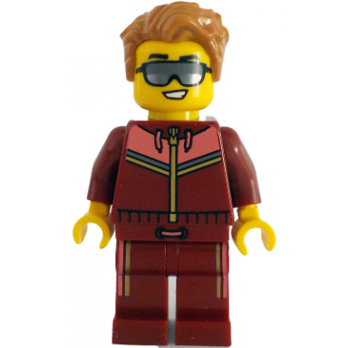 tram passenger - male dark red and coral jogging suit medium nougat hair sunglasses