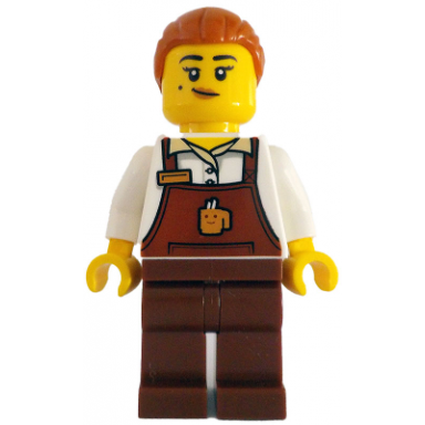 barista - female reddish brown apron with cup and name tag reddish brown legs dark orange hair