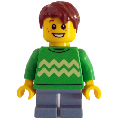 child - boy bright green sweater with bright light yellow zigzag lines sand blue short legs reddish brown hair