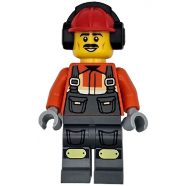 construction worker - male reddish orange safety jacket reflective stripe dark bluish gray overalls red construction helmet with black ear protectors headphones black moustache
