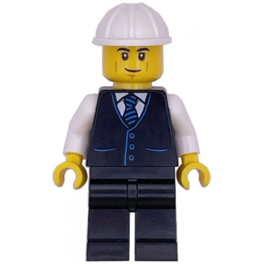 construction engineer architect - male black vest with blue striped tie black legs white construction helmet lopsided grin