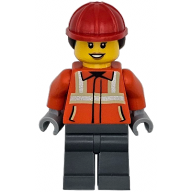 construction worker - female reddish orange safety jacket with reflective stripes dark bluish gray legs red construction helmet with dark brown ponytail hair hearing aid