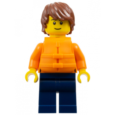 man - reddish brown hair orange jacket and life jacket dark blue legs